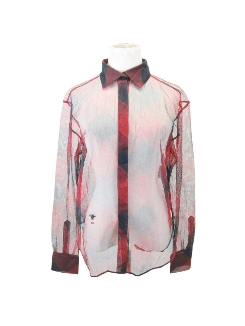 Dior Plaid Mesh Blouse Shirt Bee Embroidery Tulle Lace Red Black 36